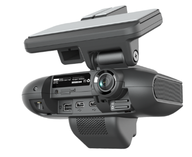 Sensium Vision connected dash camera — a dual-lens unit with a forward-facing road camera and an in-cabin driver-facing camera.