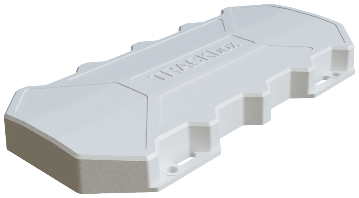 Sensium TRACKbox TB3 — white ruggedised asset-tracker enclosure with embossed TRACKbox branding, sealed for outdoor exposure.