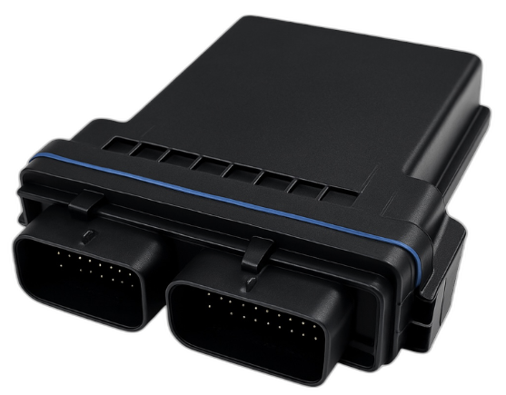 Sensium TRACKbox 4 — black industrial in-vehicle telematics unit with twin keyed automotive connectors and a blue accent line.
