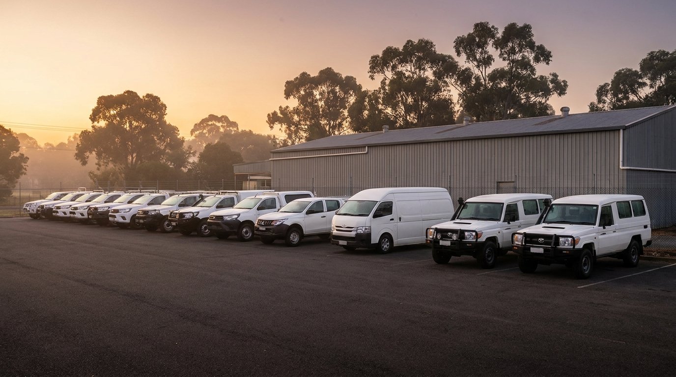 A fleet of white work utes, vans and 4WDs lined up at an Australian depot at dawn.