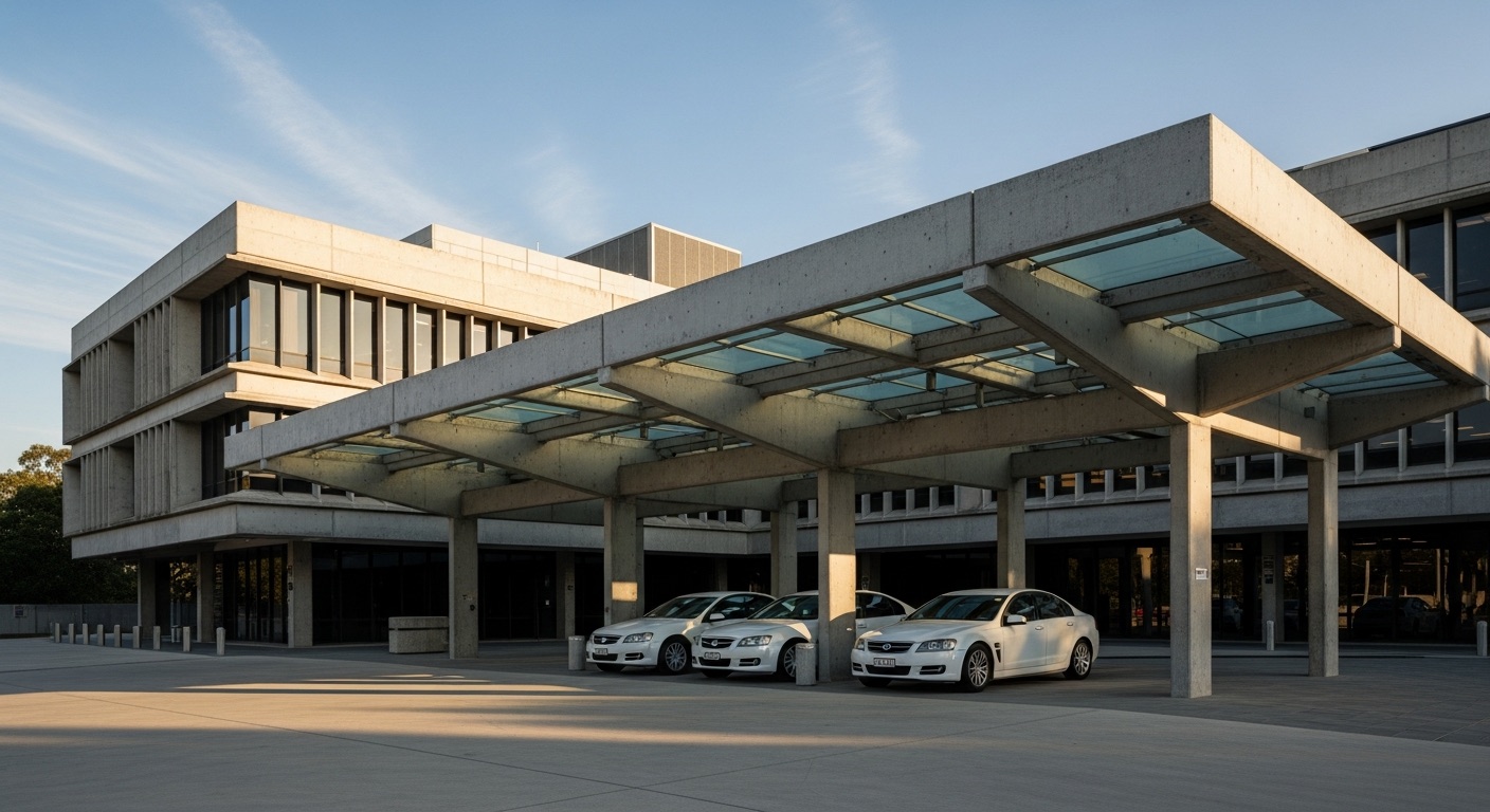Australian state and federal government fleet vehicles — passenger sedans, marked agency utes, and 4WDs at a departmental depot.