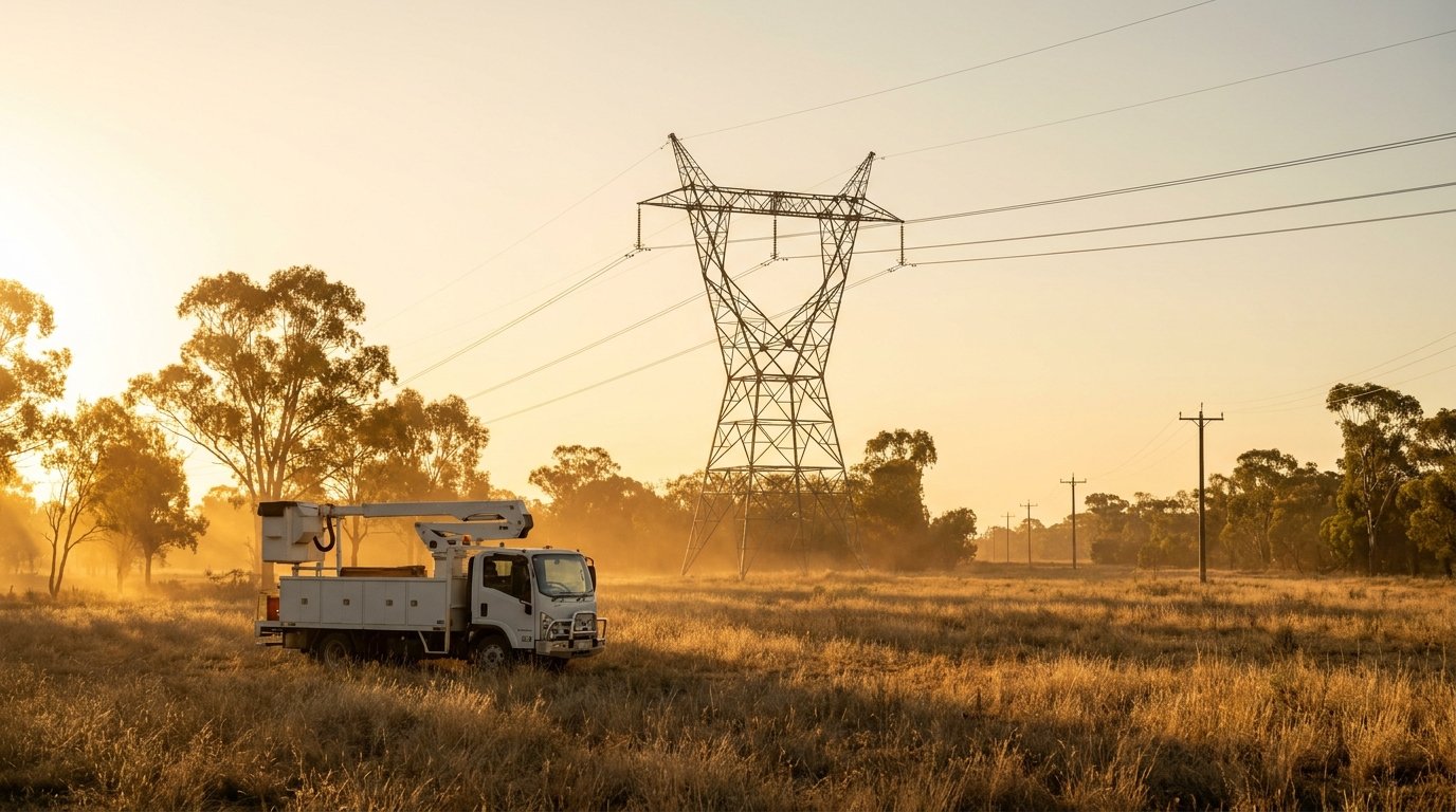 A white utility service truck with an elevated work platform in a remote Australian field at sunset, a transmission tower in the distance.