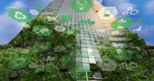 Modern green building covered in lush foliage, with eco-friendly and sustainability icons floating around, representing renewable energy, recycling, and environmentally responsible technology