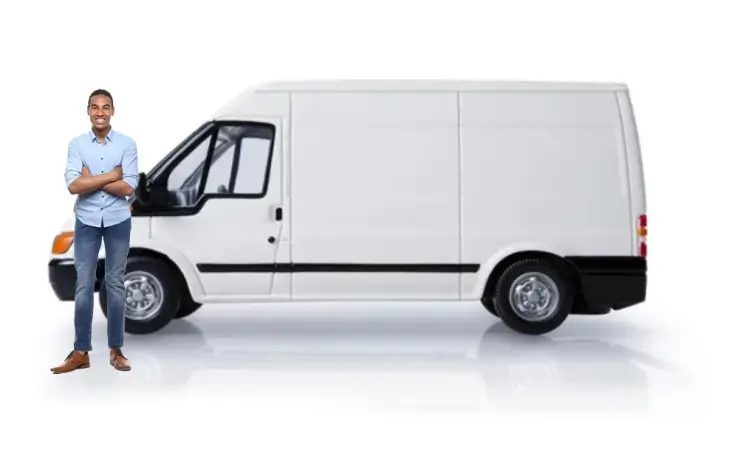 A confident man with crossed arms standing to the left of a white panel van, on a white background, suggesting a professional delivery service or transport company.